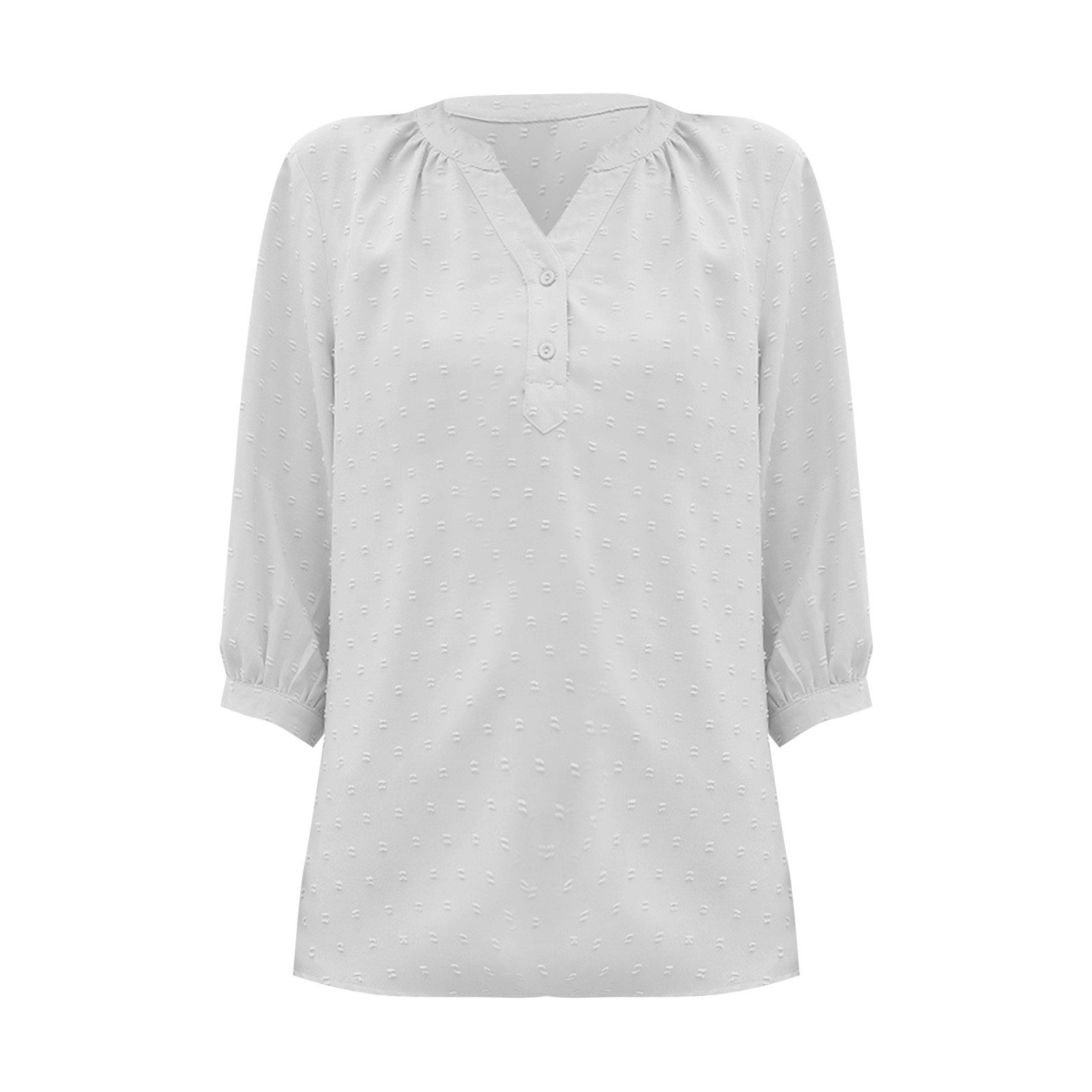 thumbnail image 4 of Blusa de verano con cuello en V y mangas 3/4 con lunares para mujer - Túnica con botones - Cintura fruncida favorecedora - Tallas S-XXL para uso informal/de oficina, 4 of 5